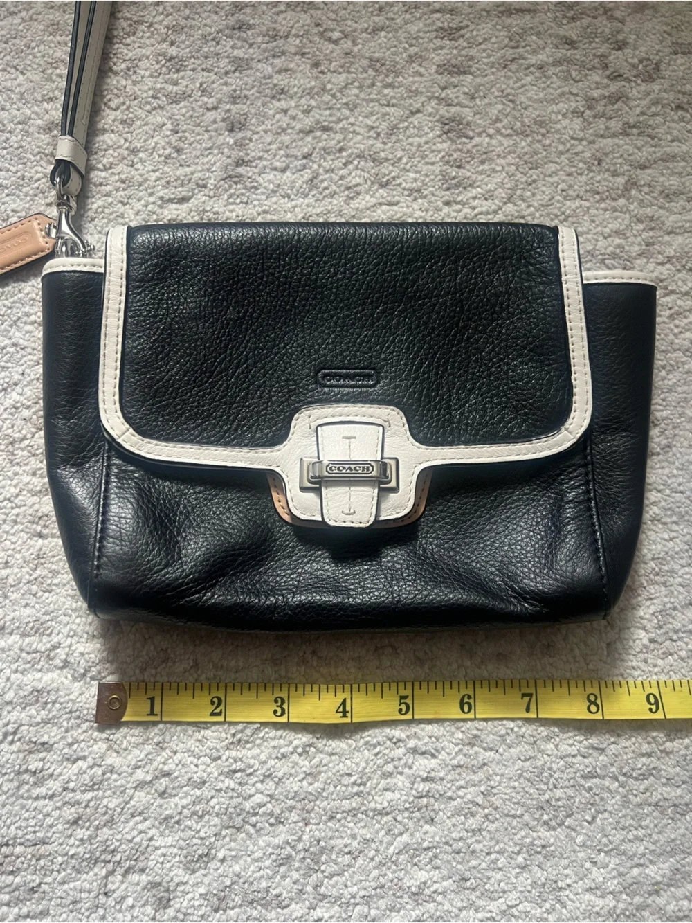 Coach Black Leather Wristlet with White Trim and Tan Accent